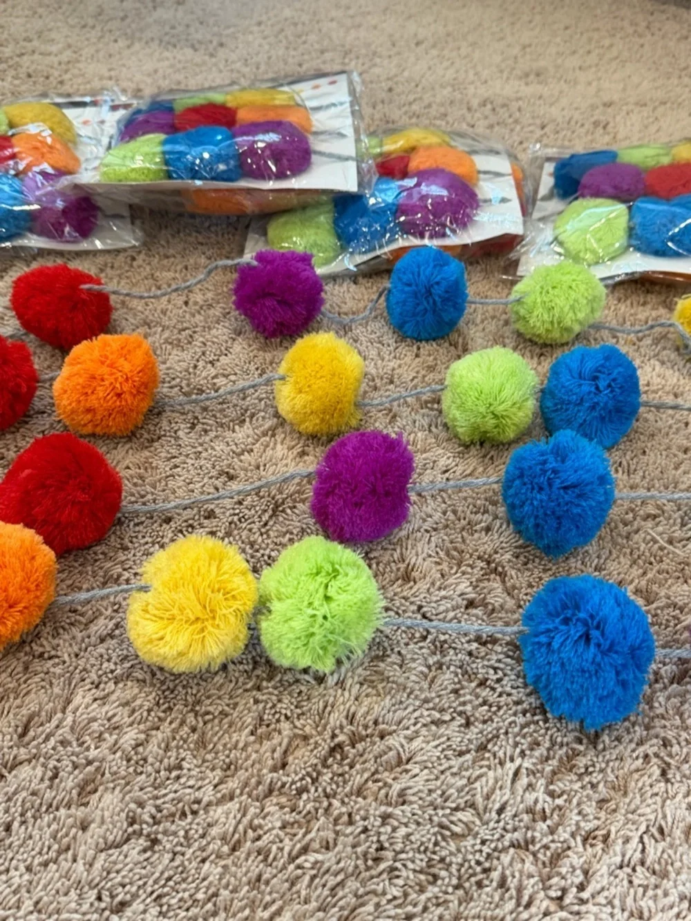 New set of 6 strands of multi color rainbow pom pom garland decoration party